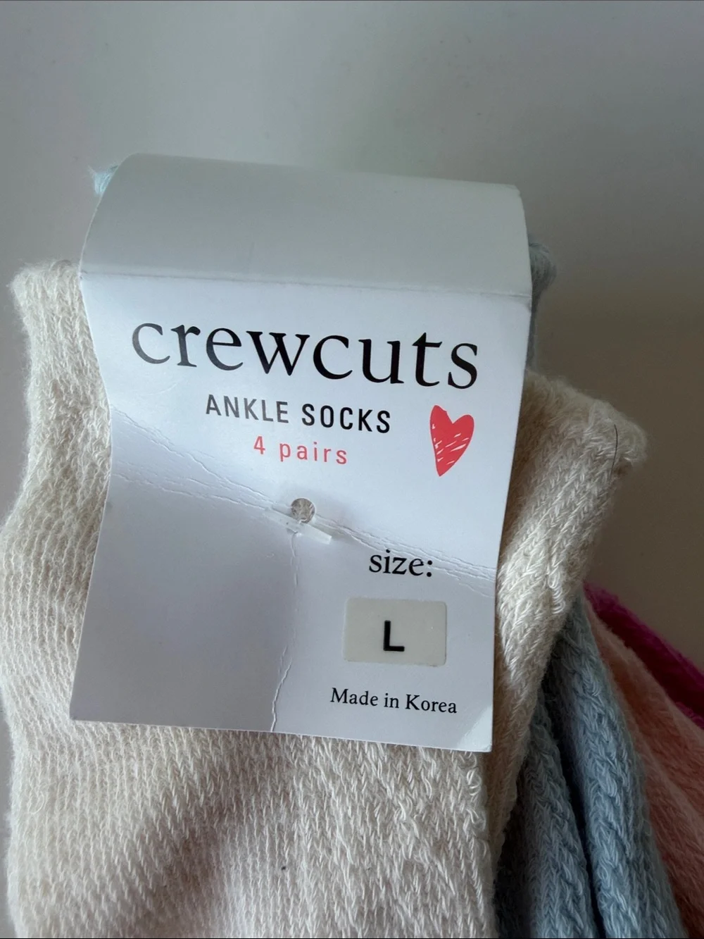 JCrew Crewcuts 4-Pack Ankle Socks in Cream, Light Blue, Pink & Magenta Size L